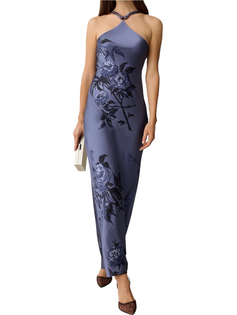 Few Moda o.p.t. Auli Silk Slip Dress Sleeveless One-Shoulder Floral Slate Blue